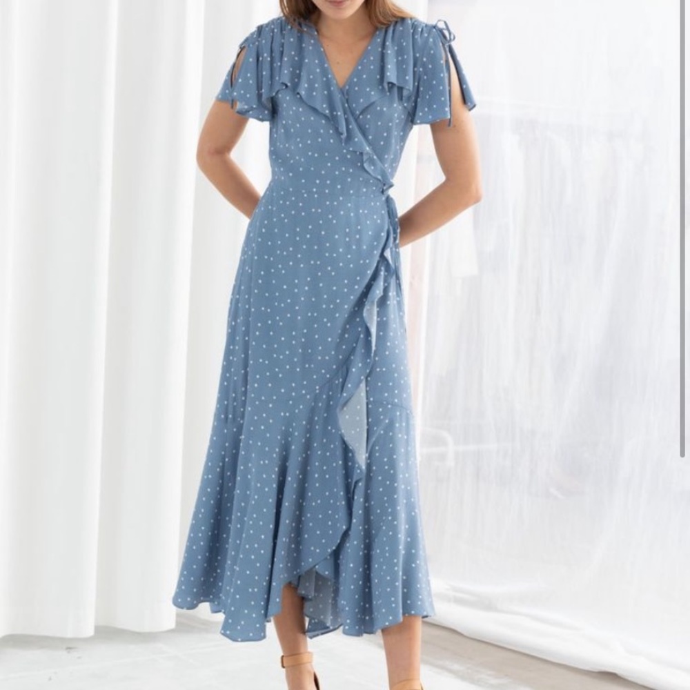 & Other Stories Blue Polka Dot Handkerchief Wrap Dress